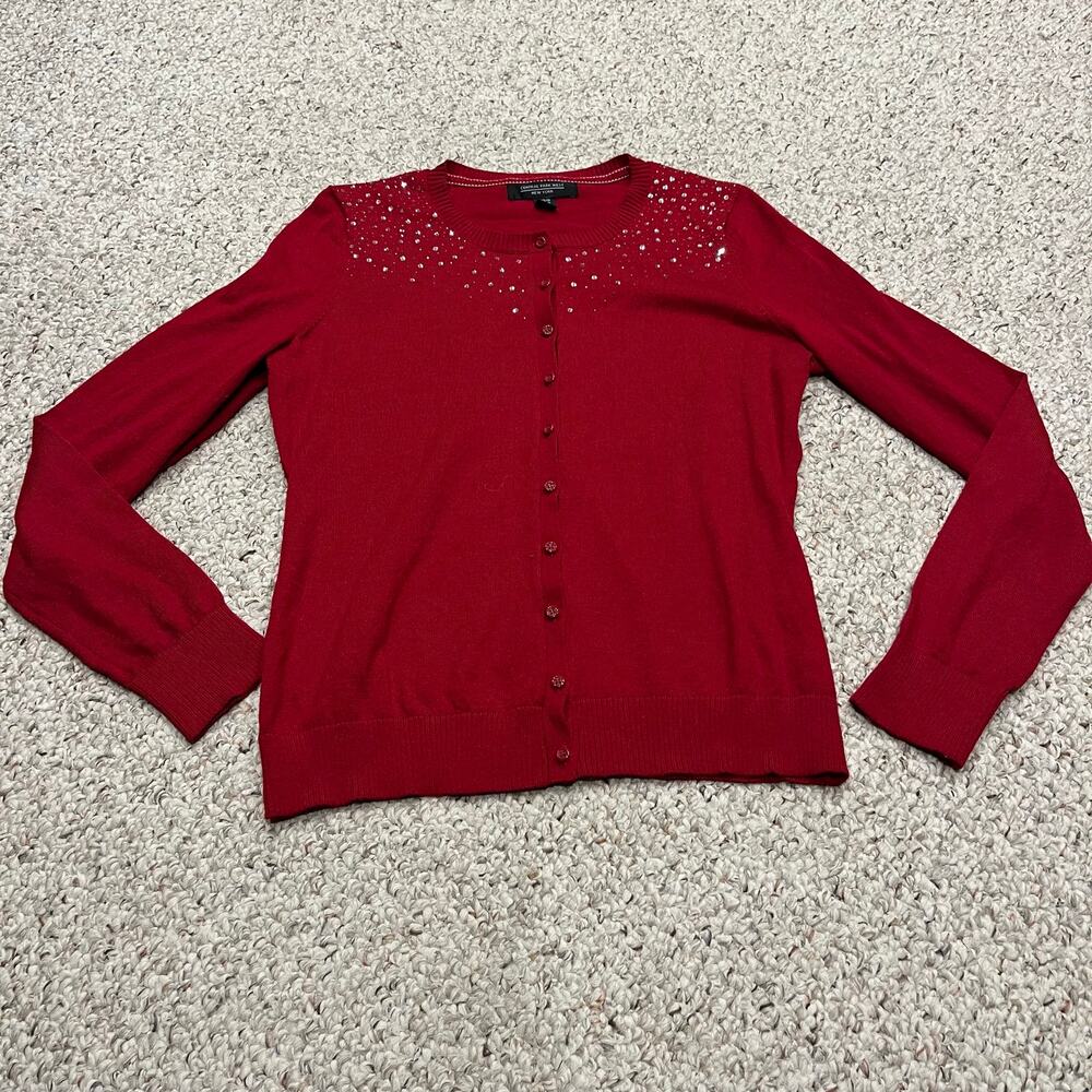 Central Park West Embellished Cardigan Sweater L Sequin Holiday Casual Red
